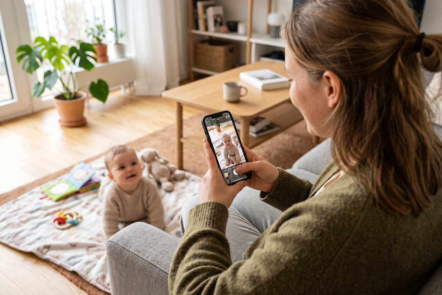 Mutter fotografiert ihr Baby mit dem Handy im Fensterlicht