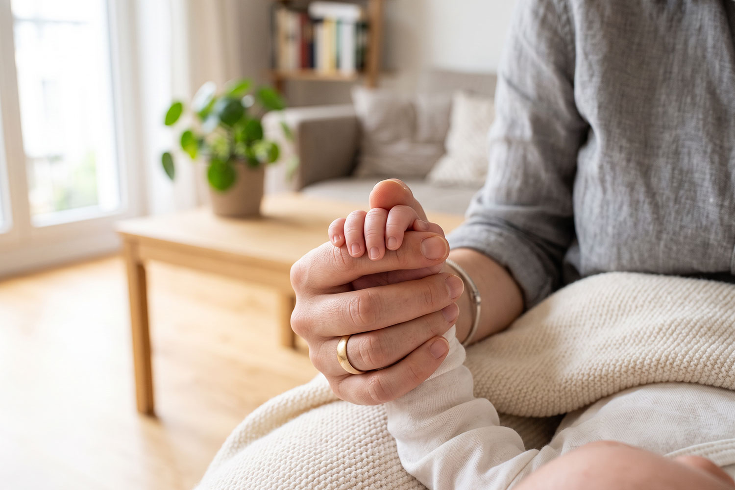 Detailaufnahme Babyhand hält Finger der Mutter